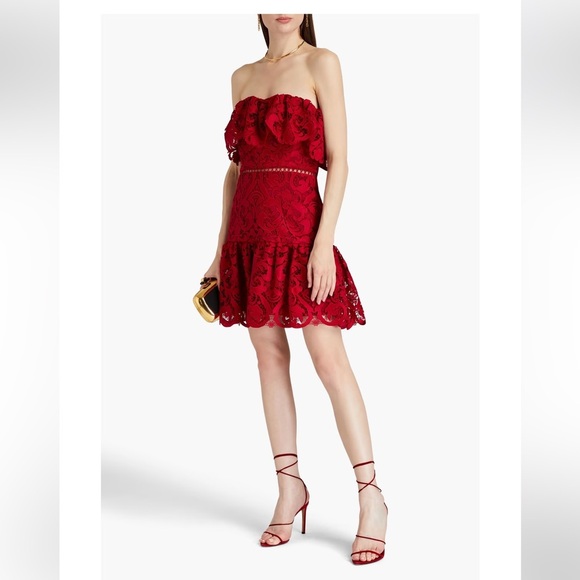 Monique Lhuillier Strapless Red Lace Cocktail Mini Dress | 6 - Picture 1 of 8